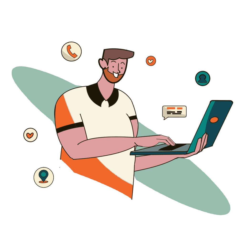 Host che lavora al laptop con icone di comunicazione